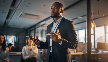 Confident Black male executive delivering an inspiring business presentation, holding a digital tablet to a diverse team in a modern corporate office, leadership and innovation concept