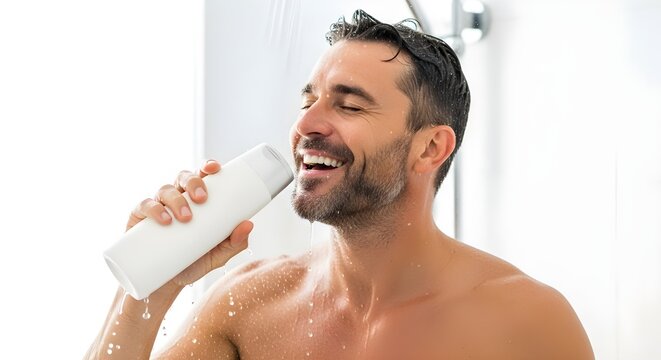 Happy man singing and enjoying his morning shower routine holding a blank shampoo bottle