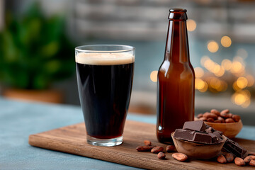 Dark stout beer glass, bottle, chocolate, and cocoa beans