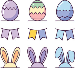Cute pastel Easter illustration set with eggs, bunny ears and festive bunting, adorable spring holiday graphics for celebration,