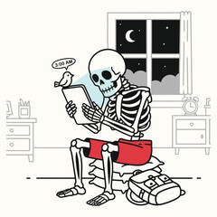Funny Insomniac Skeleton Doomscrolling on Phone at 3 AM