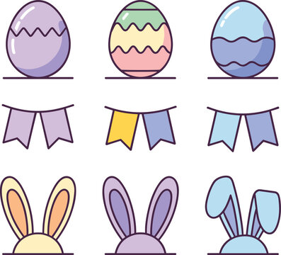 Cute pastel Easter illustration set with eggs, bunny ears and festive bunting, adorable spring holiday graphics for celebration,