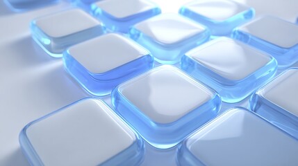 Abstract arrangement of translucent blue and white cubes creating a modern geometric pattern