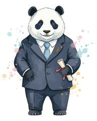 Watercolor panda businessman. Cartoon business panda holding diploma. Funny achievement artwork. Cute panda bear graduate illustration. Panda character in navy suit with tie. Corporate mascot art