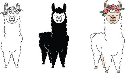 Fototapeta premium Cute stylized llama illustrations with floral crowns, black and white alpaca designs, adorable cartoon farm animals for coloring and decoration