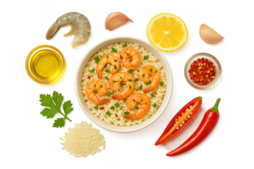 Shrimp risotto in a bowl surrounded by fresh ingredients for a delicious seafood meal, transparent background