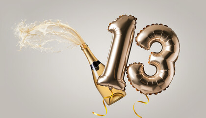 Number 13 balloon with popping champagne bottle. Celebrating a Milestone, anniversary or birthday