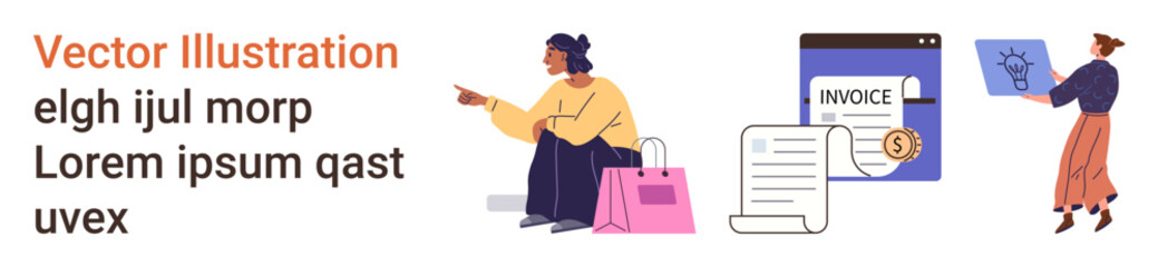 Online shopping, payment processing, e-commerce management, delivery, customer services, financial transactions. A woman with shopping bags and an invoice. Online shopping and payment processing ion