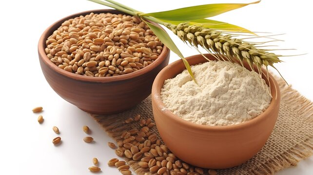 Wheat Grains and Flour in Bowls with Wheat Stalks wheat flour - Powered by Adobe