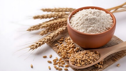Wheat Grains Flour and Stalks in Rustic Setting wheat flour