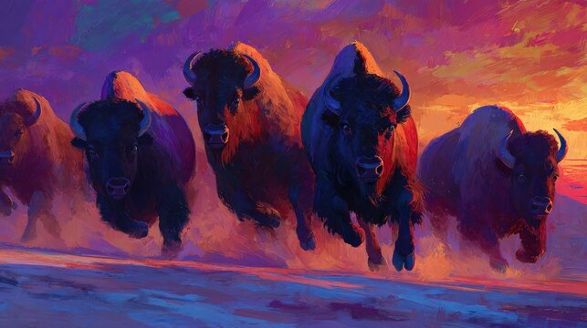 A dynamic scene of bison charging through a colorful landscape at sunset, highlighting their strength and the beauty of nature.