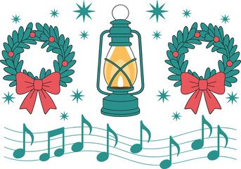Festive Christmas illustration with glowing lantern, holiday wreaths, musical notes and stars, traditional seasonal decoration design for winter celebrations