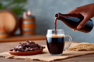 Hand pouring dark stout beer and chocolate pairing