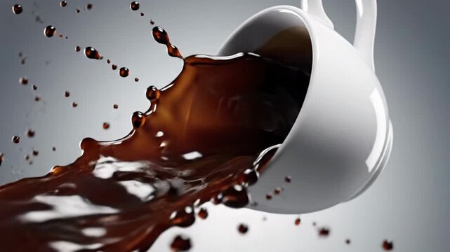 Cinematic slow motion shot of coffee splashing out of a white cup against a grey background, dynamic liquid physics