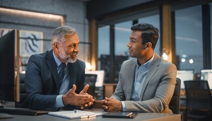 Two diverse businessmen, a senior white executive and a younger man, having a constructive, positive conversation and mentorship meeting in a modern corporate office setting