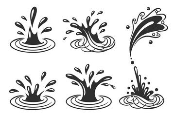 Water drops, black sea ocean waves stencil. Liquid elements, cry droplet icons vector set. Ink, sauce, river isolated