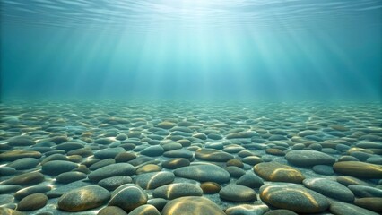 Underwater riverbed scene with clear water and sunlight streaming