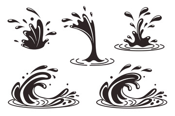 Water drops, black sea ocean waves stencil. Liquid elements, cry droplet icons vector set. Ink, sauce, river isolated