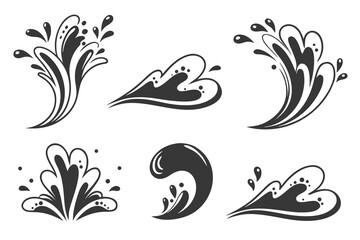 Water drops, black sea ocean waves stencil. Liquid elements, cry droplet icons vector set. Ink, sauce, river isolated