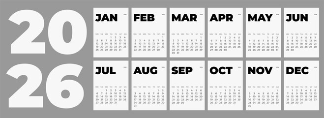 Calendar 2026. Week starts on Monday. Vertical planner. Vector Page A4 set