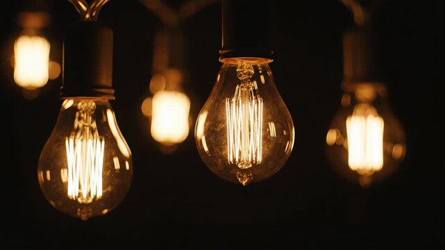 Warm glowing light bulbs hang from above, showcasing intricate filament designs, as the camera smoothly zooms in, capturing the ambiance and texture of the scene