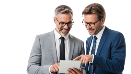 Two businessmen looking at a tablet device with smiles and enthusiasm