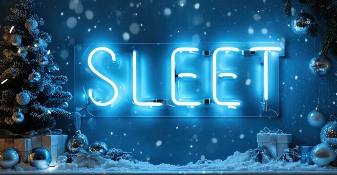 Winter scene. Bright neon sign spells SLEET. Snowflakes fall around Christmas tree, gifts. Festive, cool blue tones dominate image. - Powered by Adobe