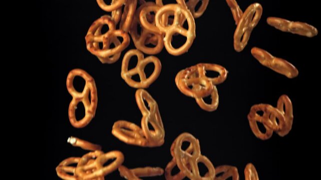 Salty pretzels fly and fall on a black background. Filmed on a high-speed camera at 1000 fps. High quality FullHD footage
