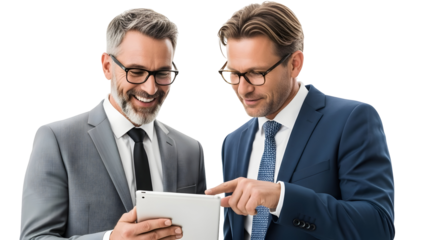 Two businessmen in suits and glasses reviewing a tablet device together in a studio setting