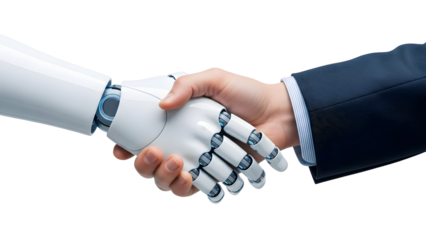 Human hand and robot hand shaking in agreement, concept of artificial intelligence and human collaboration