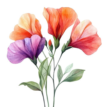 Sweet Pea Flower, high quality watercolor, isolated on a white background, vibrant details.