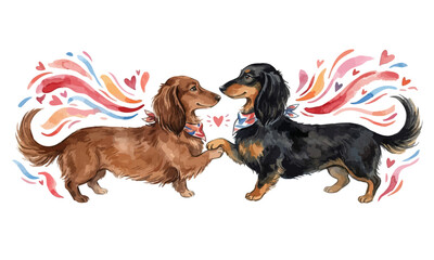 Cute watercolor dachshunds holding paws. Sweet wiener dogs in love. Valentine's day pet art. Dachshund couple illustration. Adorable wiener dog lovers gift, puppy merch. Two happy dachshunds handshake