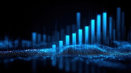 A futuristic digital visualization of data, featuring glowing blue bars and a wave-like pattern against a dark background.