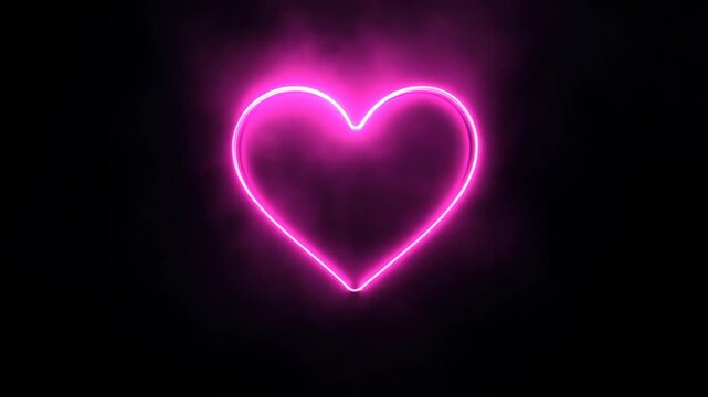 Bright pink neon heart sign glowing intensely against a dark black background with subtle smoke effect 4k video