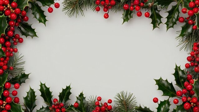 Christmas frame made from holly berry, generated AI