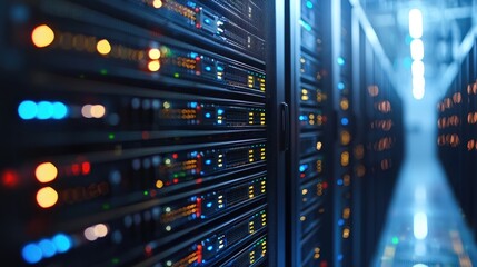 IT server racks with glowing indicator lights in a modern data center corridor, ideal for cloud infrastructure visuals, AI computing themes, cybersecurity concepts, and technology presentations
