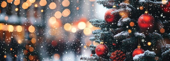 Christmas tree with red ornaments and snowfall in a glowing festive city background, ideal for holiday banners, winter marketing designs, greeting cards, and seasonal promotions