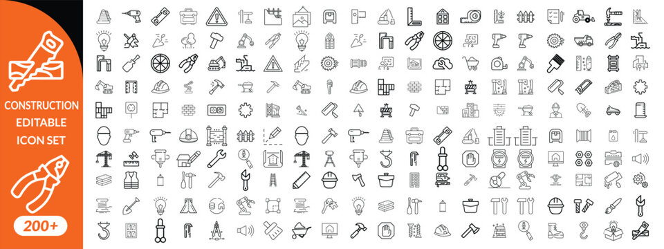 Construction and tools line editable icon set. Set of  outline icons related to repair, maintenance, construction. Linear icon collection. Editable stroke. Vector illustration.
