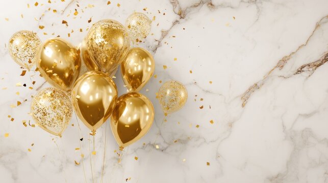 A collection of shiny gold balloons filled with confetti stands out against a marble background. This scene can enhance any party or special celebration with a touch of elegance and joy.