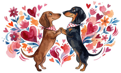 Dachshund couple in love. Dachshund watercolor illustration. Animals holding paws. Valentine's Day pets love art with hearts and floral background. Tan and black wiener dogs in romantic scene