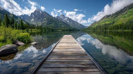 A tranquil wooden pier extends into the calm waters of a freshwater lake with green trees and large mountains in the bac
