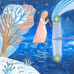 Hand-painted watercolor illustration.
An angel stands on a bridge near a river. He plays the flute.
A beautiful image for your print.