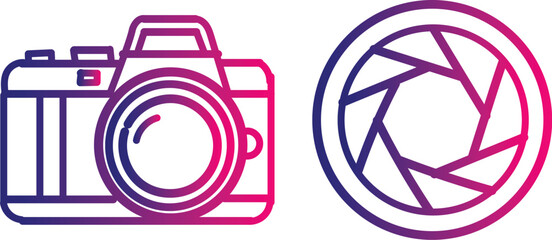 Vector art of gradient line art icon set of a camera and a camera aperture diaphragm isolated on white