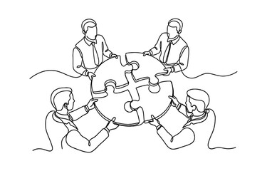 Single continuous line drawing of two young businessmen push puzzle pieces to unite it. Modern unity teamwork concept single line draw design vector illustration