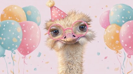 A cheerful ostrich wearing a party hat and oversized glasses stands in front of colorful balloons. The scene radiates joy and festivity perfect for celebration.