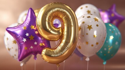 A gold number nine surrounded by colorful balloons and star shaped decorations signifies a birthday event. The balloons feature vibrant colors and festive patterns.