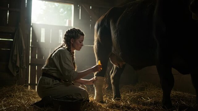 A woman collects milk from a cow inside a barn filled with straw and sunlight