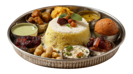 Millet Food thali or platter is an Indian vegetarian age-old way of eating, isolated on a white background