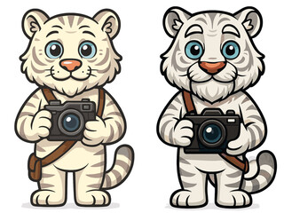 Cute cartoon white tigers holding cameras, ready to explore their surroundings and capture moments in a joyful setting