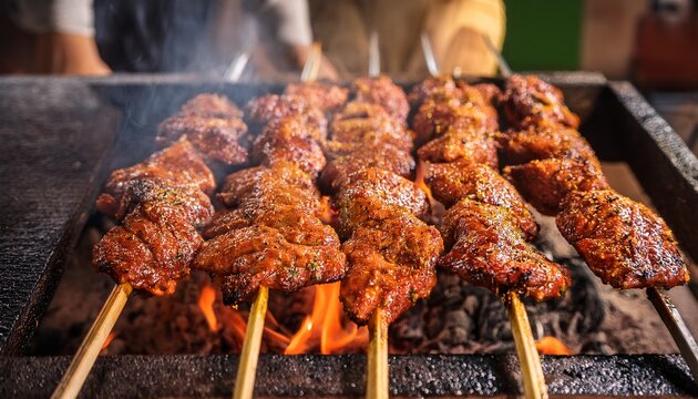 close up of spicy nigerian suya meat skewers over hot charcoal fire african street food